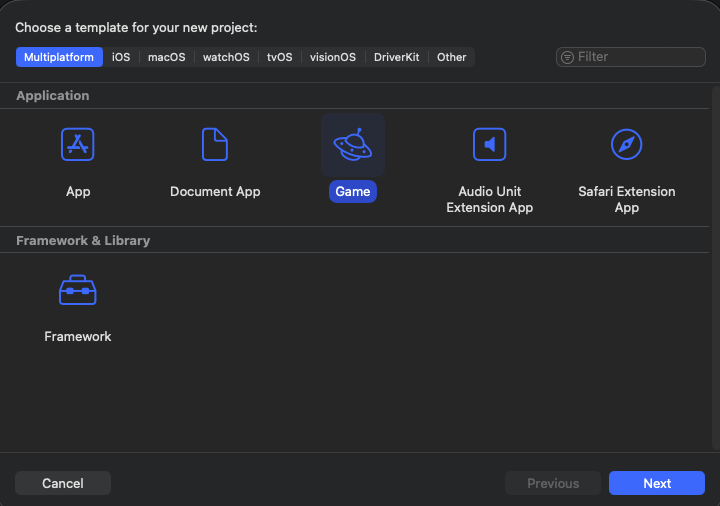 XCode template selection menu