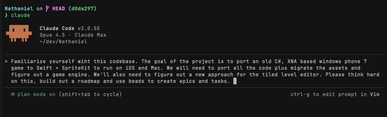 Claude prompt in plan mode explaining project setup to build roadmap