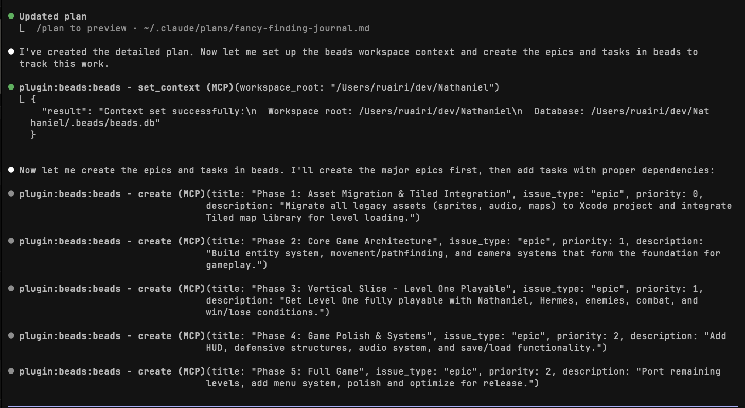 Claude creating beads tasks